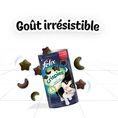 Felix Crispies friandises pour chat, goût agneau et légumes, sachet avec croquettes en forme d’étoile et de croissant. Texte visible : Goût irrésistible, Unerhört Lecker!