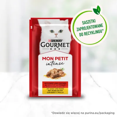 Purina Gourmet Mon Petit Intense z wołowiną i kurczakiem. Saszetki zaprojektowane do recyklingu. Informacja: dowiedz się więcej na purina.eu/packaging.