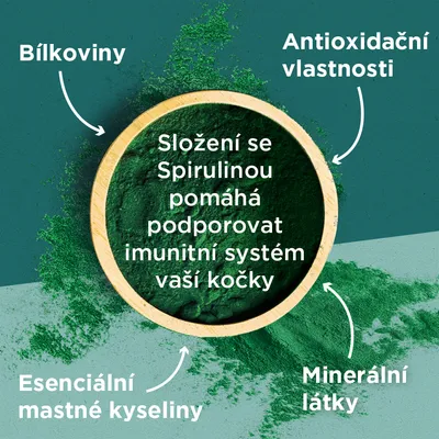 Text v češtine: Bílkoviny, Antioxidační vlastnosti, Esenciální mastné kyseliny, Minerální látky. Složení se Spirulinou pomáhá podporovat imunitní systém vaší kočky.