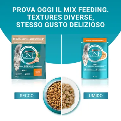 Purina ONE Bifensis Adult secco 750 g e umido 85 g per gatti, con ciotola divisa tra crocchette e bocconcini. Testo: Prova oggi il mix feeding. Textures diverse, stesso gusto delizioso.