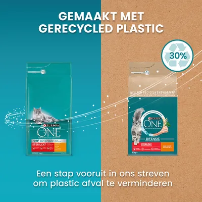 GEMAAKT MET GERECYCLED PLASTIC, 30%. Purina ONE Sterilcat kattenvoer verpakking. Een stap vooruit in ons streven om plastic afval te verminderen.