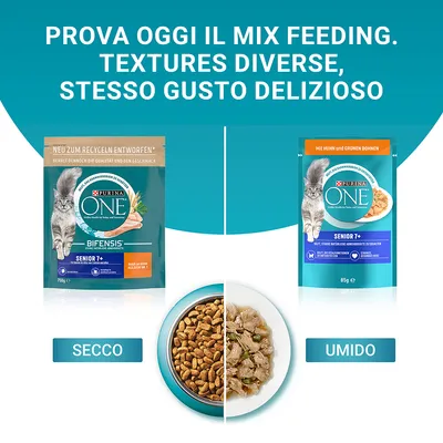 Purina ONE Senior 7+ Bifensis secco e umido per gatti, con immagini delle confezioni e ciotole. Testo: Prova oggi il mix feeding. Textures diverse, stesso gusto delizioso.