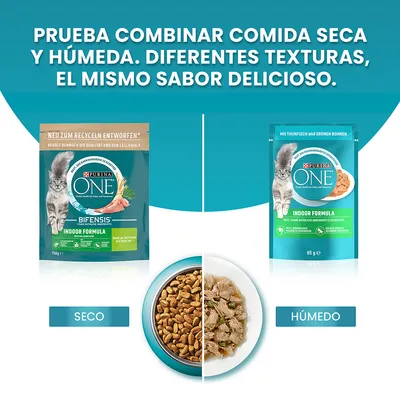 Purina ONE Indoor Formula seco 750 g y húmedo 85 g para gatos. Imagen de croquetas secas y comida húmeda en un cuenco. Texto: Prueba combinar comida seca y húmeda. Diferentes texturas.