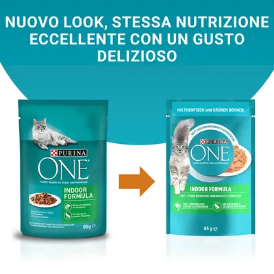 Immagine comparativa di due confezioni Purina ONE Indoor Formula 85 g per gatti, con testo: 'Nuovo look, stessa nutrizione eccellente con un gusto delizioso'.