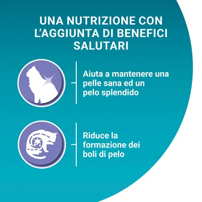 UNA NUTRIZIONE CON L’AGGIUNTA DI BENEFICI SALUTARI: Aiuta a mantenere una pelle sana ed un pelo splendido. Riduce la formazione dei boli di pelo.