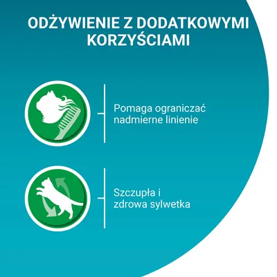 Odżywienie z dodatkowymi korzyściami: pomaga ograniczać nadmierne linienie, szczupła i zdrowa sylwetka. Ikony kota z grzebieniem oraz kota w ruchu.