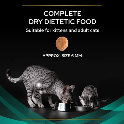 Complete dry dietetic food, suitable for kittens and adult cats. Shows kibble size approximately 6 mm with two cats eating from bowls.