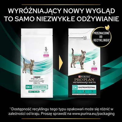 Porównanie starego i nowego opakowania Purina Pro Plan Veterinary Diets EN Gastrointestinal dla kotów. Nowe opakowanie: przeznaczone do recyklingu. Widoczne logo isfm.