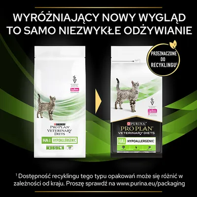 Porównanie starych i nowych opakowań karmy PURINA PRO PLAN VETERINARY DIETS HA Hypoallergenic dla kotów; informacja: przeznaczone do recyklingu.