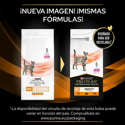 Comparativa de dos envases de PURINA PRO PLAN VETERINARY DIETS OM Obesity Management para gatos, con texto: '¡Nueva imagen! ¡Mismas fórmulas!' y 'Diseñado para ser reciclable'.
