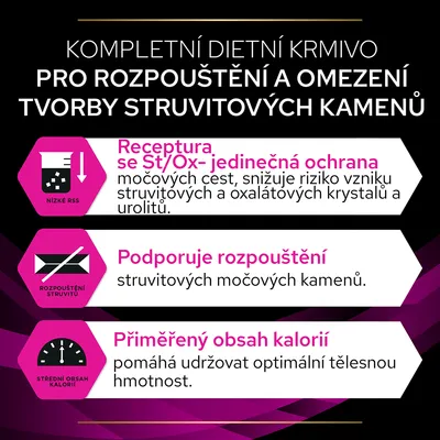 Text v češtine: Kompletní dietní krmivo pro rozpouštění a omezení tvorby struvitových kamenů. Receptura se St/Ox, podporuje rozpouštění struvitů, přiměřený obsah kalorií.