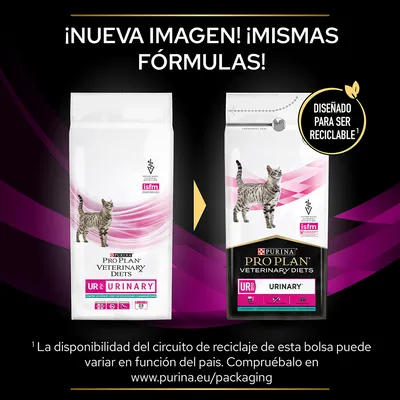 Comparativa de dos envases de PURINA PRO PLAN VETERINARY DIETS UR Urinary para gatos, con texto: '¡Nueva imagen! ¡Mismas fórmulas!' y 'Diseñado para ser reciclable'.