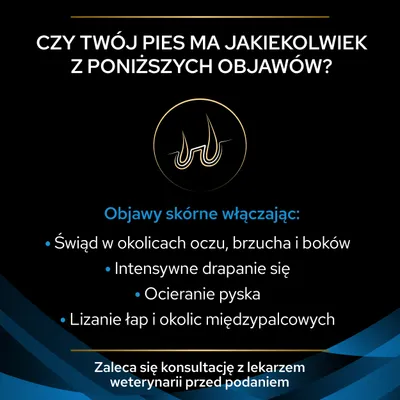 Czy Twój pies ma jakiekolwiek z poniższych objawów? Objawy skórne: świąd oczu, brzucha i boków, intensywne drapanie się, ocieranie pyska, lizanie łap. Zaleca się konsultację z weterynarzem.