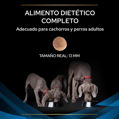 Alimento dietético completo, adecuado para cachorros y perros adultos. Tamaño real de la croqueta: 13 mm. Imagen de tres perros grises comiendo en cuencos metálicos.