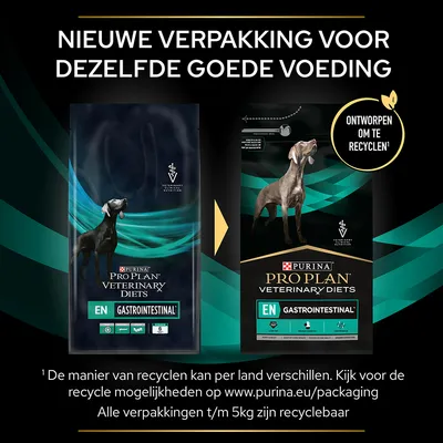 Nieuwe verpakking voor Purina Pro Plan Veterinary Diets EN Gastrointestinal hondenvoer, ontworpen om te recyclen. Beide verpakkingen en merknaam zichtbaar.