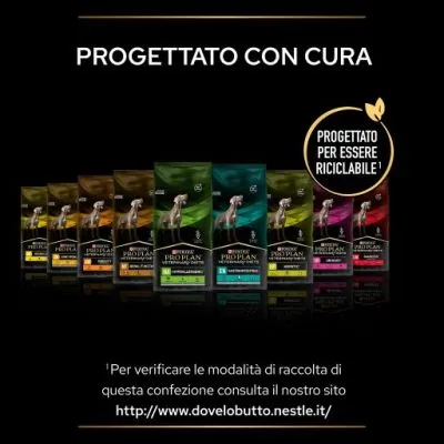Confezioni di Purina Pro Plan Veterinary Diets per cani, testo visibile: 'Progettato con cura', 'Progettato per essere riciclabile', link www.dovelobutto.nestle.it per info raccolta.