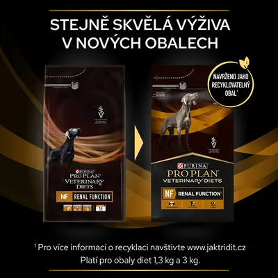 PURINA PRO PLAN VETERINARY DIETS NF Renal Function – starý a nový obal krmiva pre psov, navrhnuté ako recyklovateľný obal. Text v češtine: Stejně skvělá výživa v nových obalech.