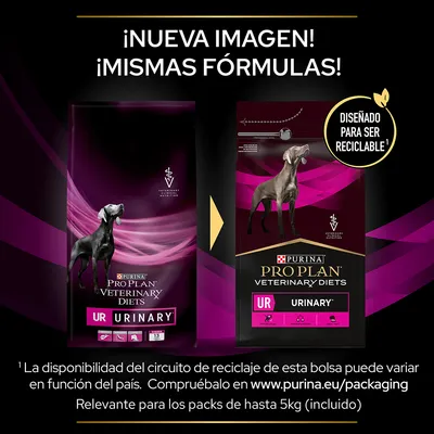 Comparativa de envases de PURINA PRO PLAN VETERINARY DIETS UR URINARY para perros. Texto: ¡Nueva imagen! ¡Mismas fórmulas! Diseñado para ser reciclable.