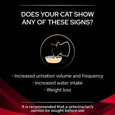Teksti englanniksi: Does your cat show any of these signs? Increased urination volume and frequency, increased water intake, weight loss. Suositellaan eläinlääkärin arviota ennen käyttöä.