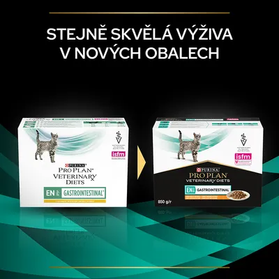 Porovnání starého a nového obalu Purina Pro Plan Veterinary Diets EN Gastrointestinal pro kočky, 850 g. Text: Stejně skvělá výživa v nových obalech.