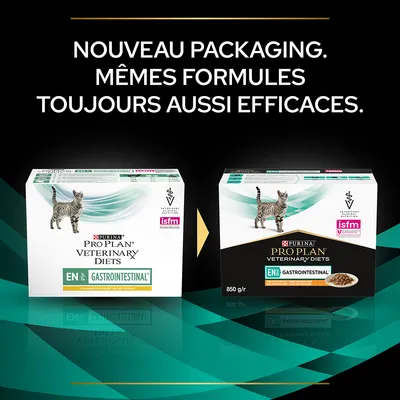 Nouveau packaging Purina Pro Plan Veterinary Diets EN Gastrointestinal pour chat, mêmes formules, toujours aussi efficaces. Deux boîtes visibles : ancien et nouveau design.