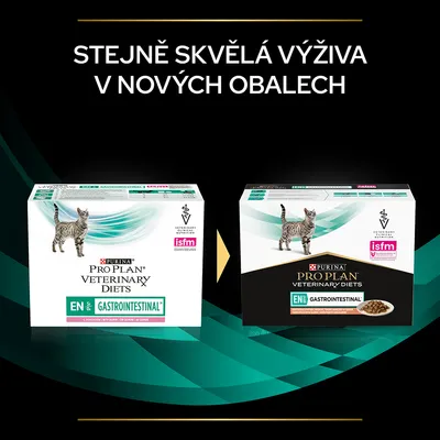 Porovnání starého a nového obalu Purina Pro Plan Veterinary Diets EN Gastrointestinal pro kočky, text: Stejně skvělá výživa v nových obalech.