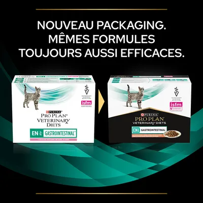 Nouveau packaging Purina Pro Plan Veterinary Diets EN Gastrointestinal pour chat, mêmes formules, toujours aussi efficaces. Texte visible sur les deux boîtes et en haut de l’image.