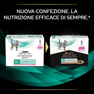 Confronto tra vecchia e nuova confezione Purina Pro Plan Veterinary Diets EN Gastrointestinal per gatti, con testo: 'Nuova confezione. La nutrizione efficace di sempre.'