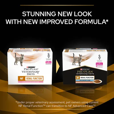 Purina Pro Plan Veterinary Diets NF Renal Function cat food, old and new packaging shown. Text: Stunning new look with new improved formula. NF Renal Function Advanced Care visible on new pack.