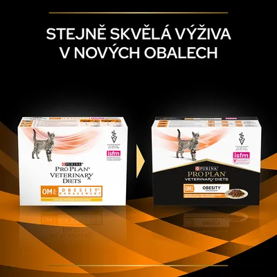Purina Pro Plan Veterinary Diets OM Obesity Management pro kočky, starý a nový obal, text: Stejně skvělá výživa v nových obalech