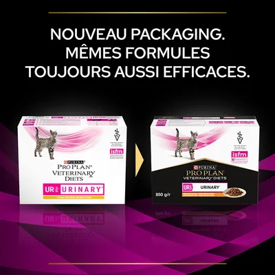 Nouveau packaging Purina Pro Plan Veterinary Diets UR Urinary pour chat, 850 g/r. Même formule, efficacité inchangée. Texte visible : ISFM, vétérinary diets, urinary.