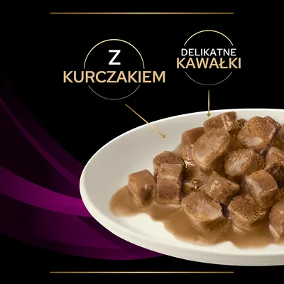 Z kurczakiem, delikatne kawałki – widoczne na talerzu kawałki karmy w sosie. Tekst: Z kurczakiem, delikatne kawałki.