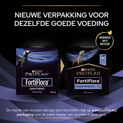 Nieuwe verpakking Purina Pro Plan FortiFlora Canine Probiotic, 30 zakjes. Ontworpen om te recyclen. Tekst: 'De manier van recyclen kan per land verschillen.'
