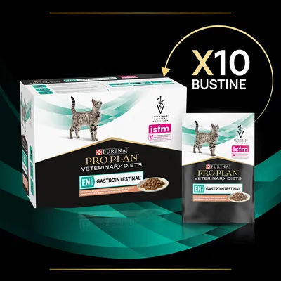 Confezione e bustina di Purina Pro Plan Veterinary Diets EN Gastrointestinal per gatti, 10 bustine. Testo visibile: isfm, Veterinary Clinical Nutrition.