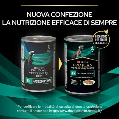 Due lattine di Purina Pro Plan Veterinary Diets EN Gastrointestinal per cani, nuova confezione progettata per essere riciclabile. Testo: 'NUOVA CONFEZIONE LA NUTRIZIONE EFFICACE DI SEMPRE'.