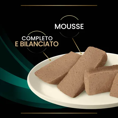 Fette di mousse su piatto bianco con testo: 'Mousse', 'Completo e bilanciato'.