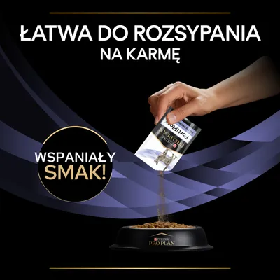 Tekst: Łatwa do rozsypania na karmę, Wspaniały smak! Saszetka Purina Pro Plan posypywana na karmę w misce z logo Purina Pro Plan.