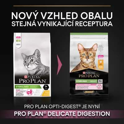 Porovnanie starého a nového obalu krmiva pre mačky Purina Pro Plan Sterilised Adult. Nový názov: Delicate Digestion. Text v češtine: Nový vzhled obalu, stejná vynikající receptura.