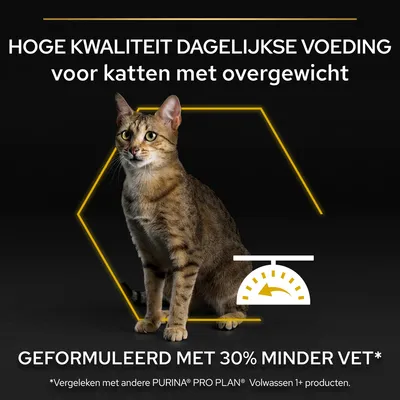 Hoge kwaliteit dagelijkse voeding voor katten met overgewicht. Geformuleerd met 30% minder vet. Vergeleken met andere PURINA PRO PLAN Volwassen 1+ producten.