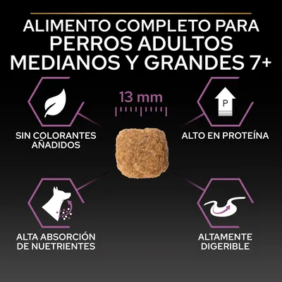 Alimento completo para perros adultos medianos y grandes 7+. Sin colorantes añadidos, alto en proteína, alta absorción de nutrientes, altamente digerible. Croqueta de 13 mm visible.