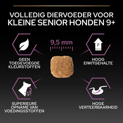 Volledig diervoeder voor kleine senior honden 9+, brok van 9,5 mm. Geen toegevoegde kleurstoffen, hoog eiwitgehalte, superieure opname van voedingsstoffen, hoge verteerbaarheid.