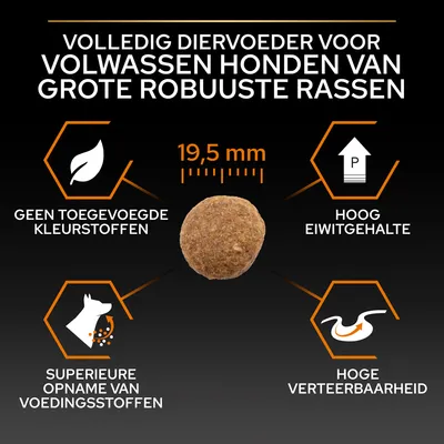 Volledig diervoeder voor volwassen honden van grote robuuste rassen, brokgrootte 19,5 mm, geen toegevoegde kleurstoffen, hoog eiwitgehalte, superieure opname voedingsstoffen, hoge verteerbaarheid.