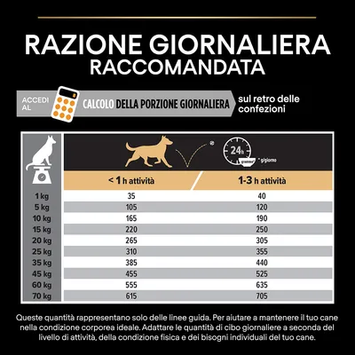Tabella razione giornaliera raccomandata per cani: peso da 1 a 70 kg, quantità in grammi per <1 h e 1–3 h attività. Esempio: 10 kg, 165 g (<1 h), 190 g (1–3 h).