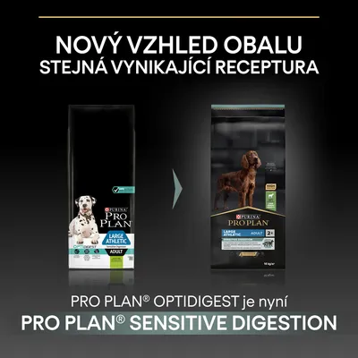 Nový vzhled obalu krmiva Purina Pro Plan Large Athletic Adult. PRO PLAN OPTIDIGEST je nyní PRO PLAN SENSITIVE DIGESTION. Stejná vynikající receptura.