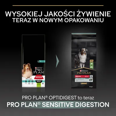 Zmiana opakowania karmy Purina Pro Plan: Optidigest Medium Adult Sensitive Digestion na nowe opakowanie Pro Plan Sensitive Digestion Medium Adult 1+.