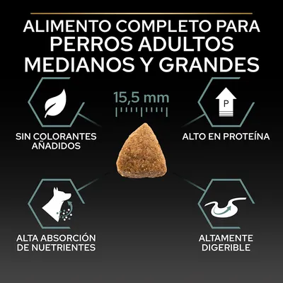 Alimento completo para perros adultos medianos y grandes. Sin colorantes añadidos, alto en proteína, alta absorción de nutrientes, altamente digerible. Croqueta de 15,5 mm.