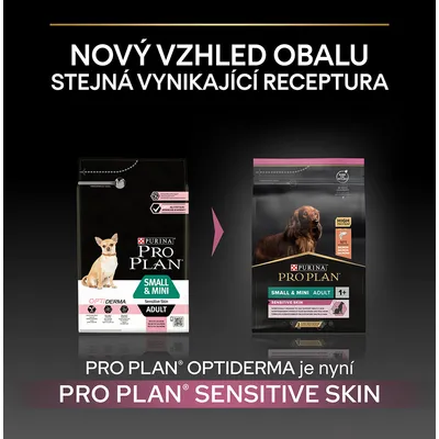 Porovnanie starého a nového obalu krmiva PURINA PRO PLAN Small & Mini Adult Sensitive Skin, nový názov PRO PLAN Sensitive Skin. Text: Nový vzhľad obalu, rovnaká receptúra.