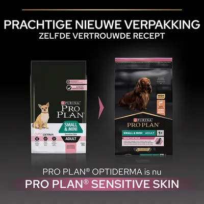 Purina Pro Plan Small & Mini Adult Sensitive Skin hondenvoer: oude verpakking Optiderma, nieuwe verpakking Sensitive Skin. Tekst: prachtige nieuwe verpakking, zelfde vertrouwde recept.