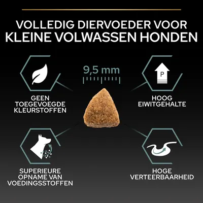 Volledig diervoeder voor kleine volwassen honden, brok 9,5 mm. Geen toegevoegde kleurstoffen, hoog eiwitgehalte, superieure opname van voedingsstoffen, hoge verteerbaarheid.