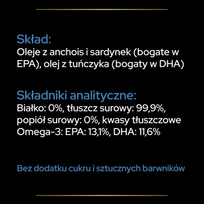 Skład: oleje z anchois, sardynek (EPA), tuńczyka (DHA). Składniki analityczne: białko 0%, tłuszcz surowy 99,9%, popiół 0%, Omega-3: EPA 13,1%, DHA 11,6%. Bez cukru i sztucznych barwników.